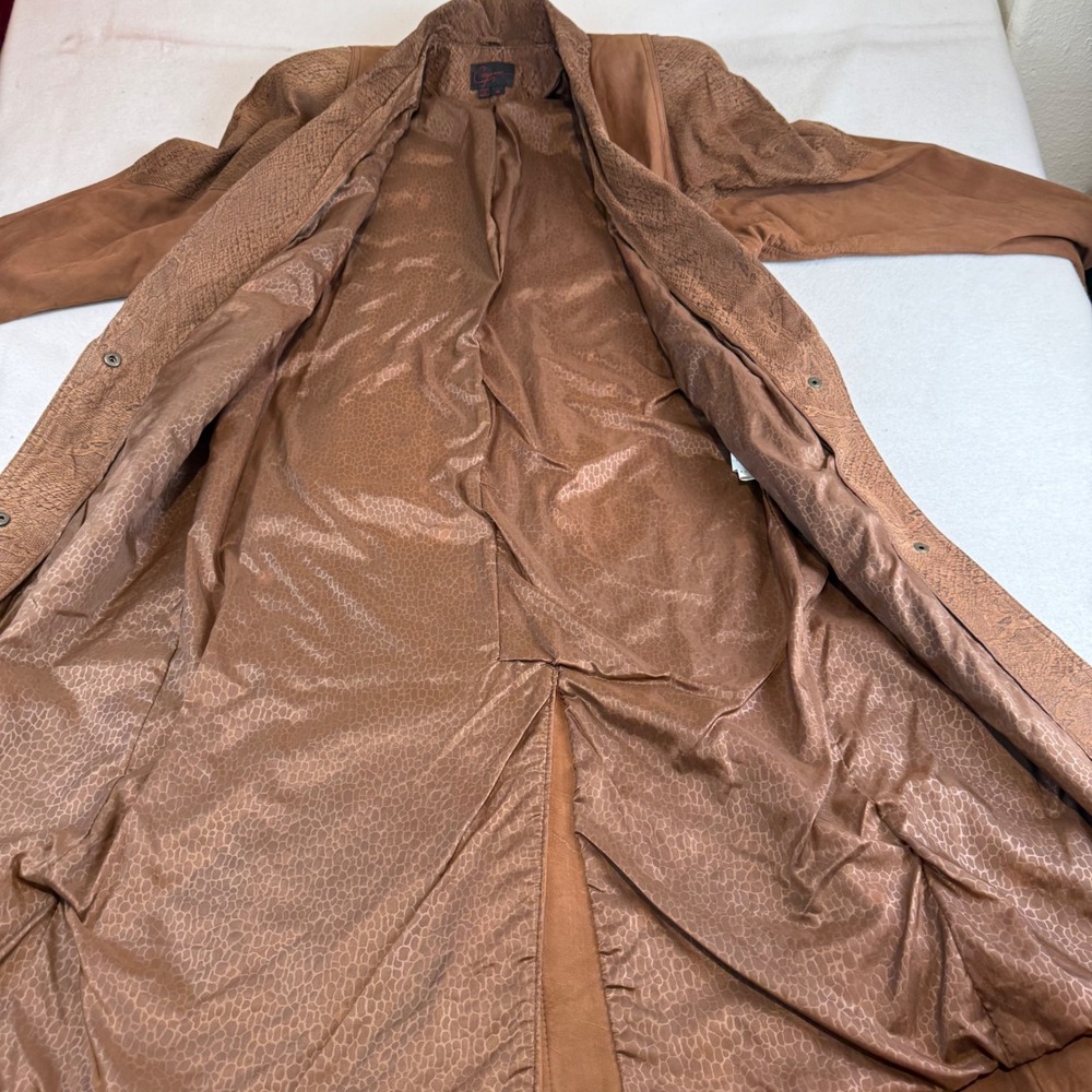 Cayenne Womens Brown Leather Trench Coat Snakeskin Embossed Trim Duster Size M - Picture 7 of 9